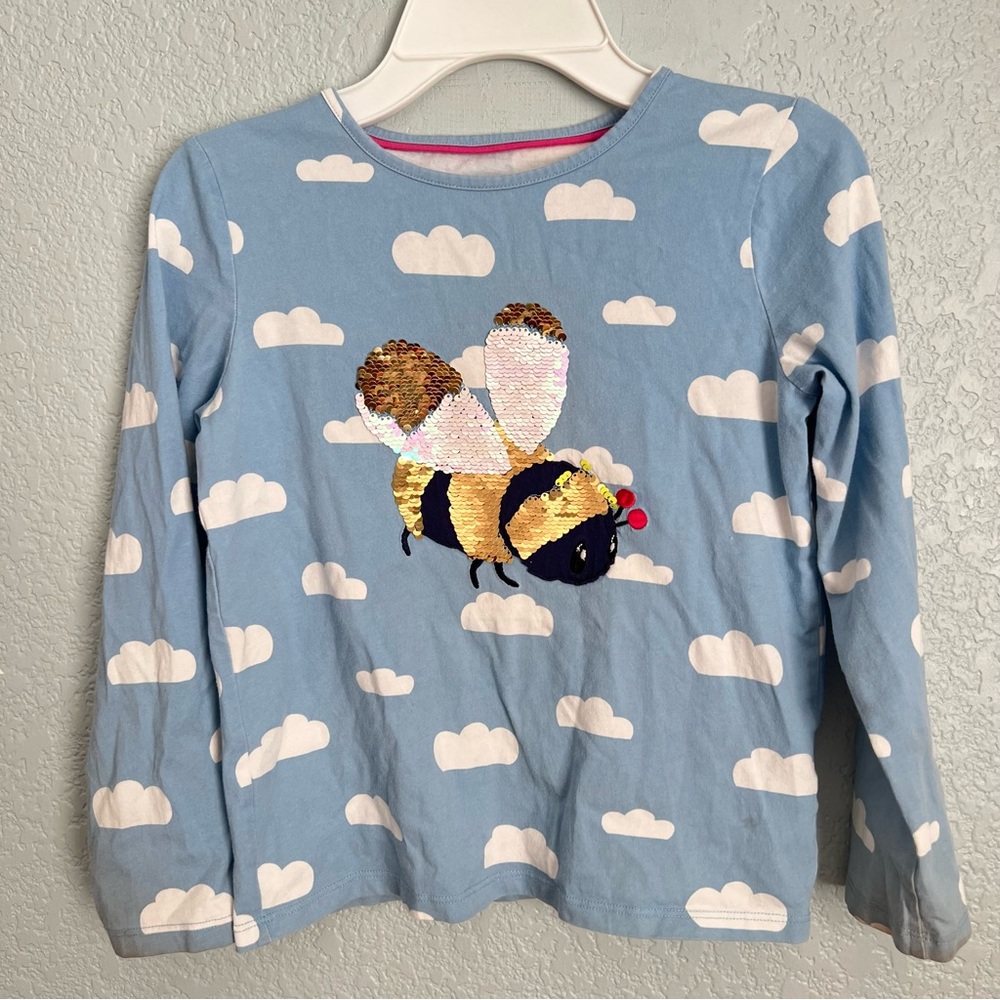 Mini Boden Bee Sequin Top Cloud Print Blue Cottagecore Whimsical Girls 8-9Y READ